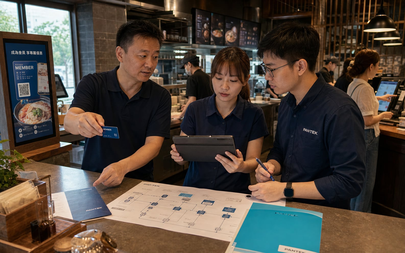 餐飲品牌經營者、店長與產品工程師在門店現場共同梳理顧客與營運流程